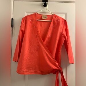 Elegant Coral Embroidered Wrap Blouse